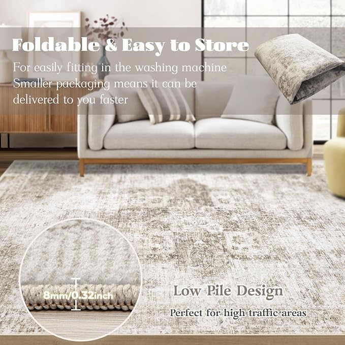 Area Rug 10x14 Washable Rug, Vintage Boho Medallion Rugs Non-Slip Soft Low Pile Large Distressed Rug Indoor Retro Carpet for Living Room Bedroom Dining Room Home Office (Taupe, 10'x14')