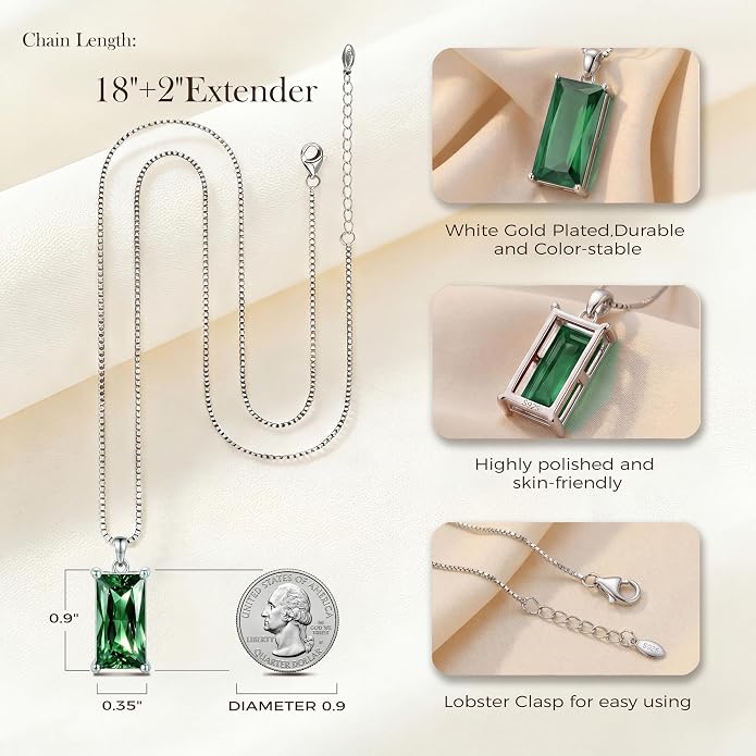 8mm x 16mm Square Birthstone Pendant Necklace – Fashion charming Sterling Silver Gift for women