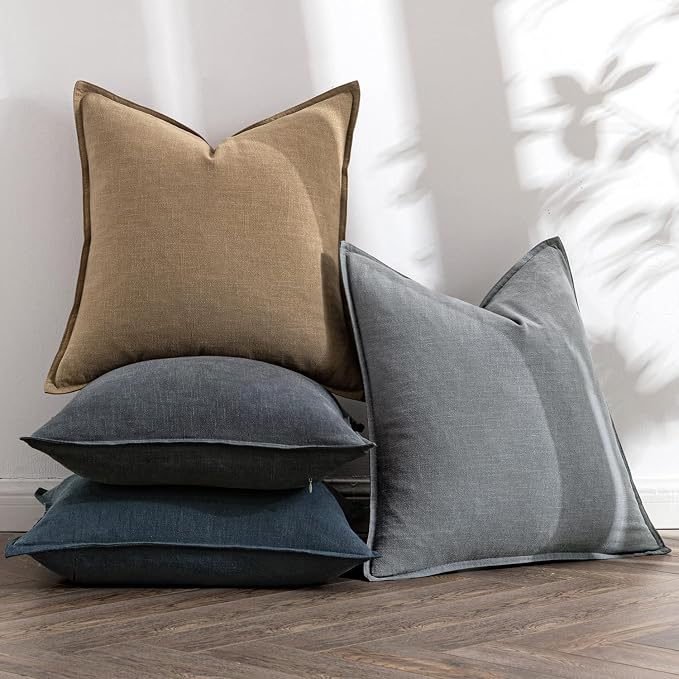MIULEE Neutral Navy Boho Linen Pillow Covers 24x24 Inch Pack of 4 | Natural Decorative Throw Pillow Covers Soft Farmhouse Couch Pillowcases Coastal Home Decor for Living Room Bed Sofa