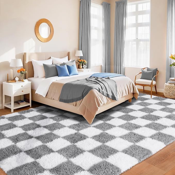 Pionblank Checkered Rug for Living Room, Modern Soft Shag 6x9 Area Rugs, Plush Fuzzy Carpet for Bedroom Girls Boys Room Home Nursery Teens Dorm Decor, Grey and White
