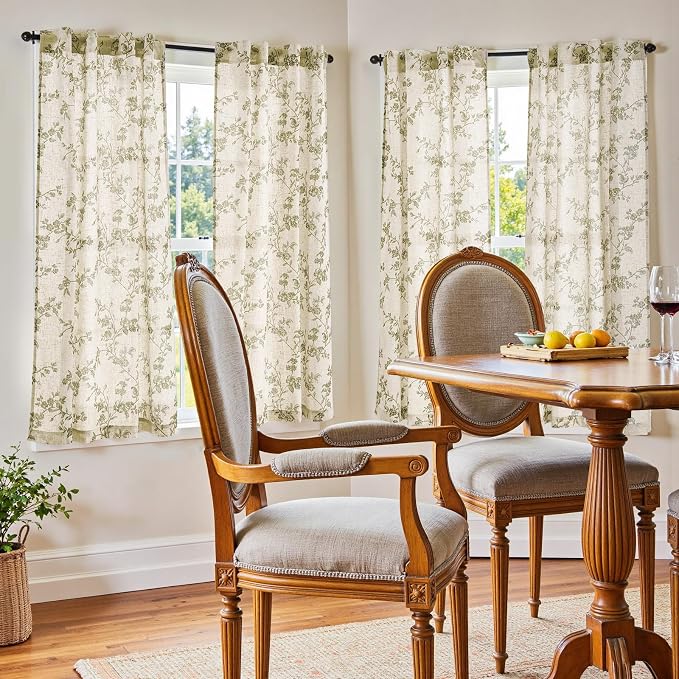 jinchan Green Floral Linen Curtains 63 Inch Farmhouse Back Tab 2 Panels | Green on beige, light filtering, semi sheer, country, rustic, flower, drapes, bedroom, living room, office, home decor