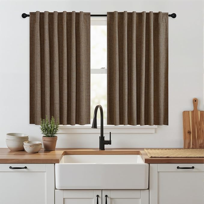 RYB HOME Brown 100% Blackout Short Curtains 45 inch Length 52 Width, Light Blocking & Thermal Insulated Linen Curtains for Kitchen/RV/Bathroom/Basement Small Window, 2 Panels