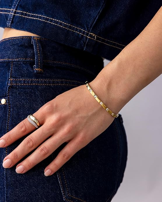 PAVOI Waterproof Thin Love Bracelet for Women - 14K Gold Plated Dainty Love Bangle with Cubic Zirconia - Stainless Steel Hinge Bracelet Jewelry Gifts