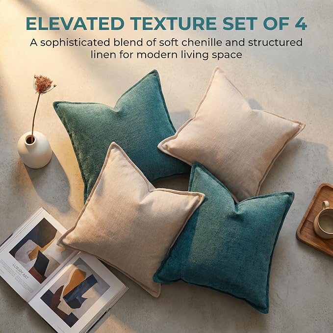 20x20 Inches Throw Pillow Covers Set of 4 Soft Textured Chenille Decorative Cushion Cases for Couch Sofa Bed Modern Farmhouse Neutral Accent Covers with Hidden Zipper Beige Green