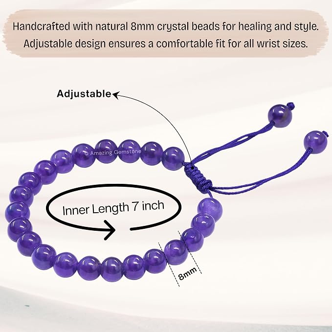 Amazing Gemstone Amethyst Bracelet for Women Men's Gifts - Protection Healing Crystal Bracelet - 8mm Gemstone Beaded Adjustable Bracelet Pulseras para Hombres Mujer Stocking Stuffers