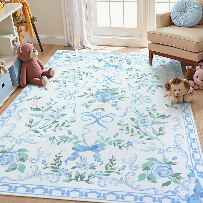Collive 4x6 Rugs for Bedroom Girls, Boho Blue Floral Washable Area Rug Non Slip, Soft Indoor Decor Elegant Carpet for Kids Room Nursery Living Room Dining Room (Blue 4' x 6')