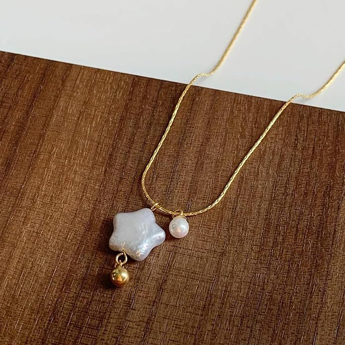 Baroque Pearl Necklaces for Women, Star Shaped Pearl Pendant Necklace Pentagram Natural Freshwater Pearl Choker Necklaces Jewelry Gift for Her, 18'' Chain with Extender