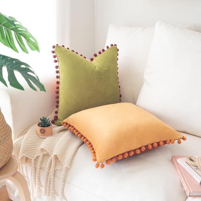 MONDAY MOOSE Decorative Throw Pillow Covers Cushion Cases, Set of 2 Soft Velvet Pom Poms Double-Sided Designs, Mix and Match for Home Decor, Pillow Inserts Not Included (18x18 inch, Yellow/Green)