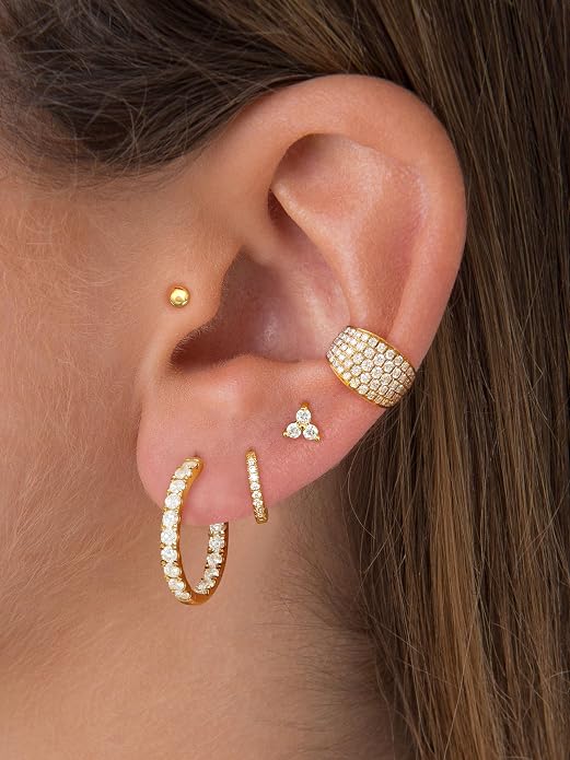 Dainty Big Small Hoop Earrings for Women Huggie Hypoallergenic Silver Gold Flat Back Stud Earrings Set 14K Gold Plated Luxury Cubic Zirconia Ear Cuff Cartilage Earrings for Multiple Piercing Jewelry Gifts for Women 5 Pairs