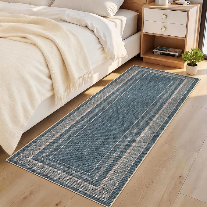 GarveeHome 2x6 Runner Rug for Hallway Modern Solid Washable Kitchen Rugs | Non Slip Modern Neutral Bordered Stain Resistant Indoor Throw Carpet for Nursery Kitchen Dining Room Entryway, Blue