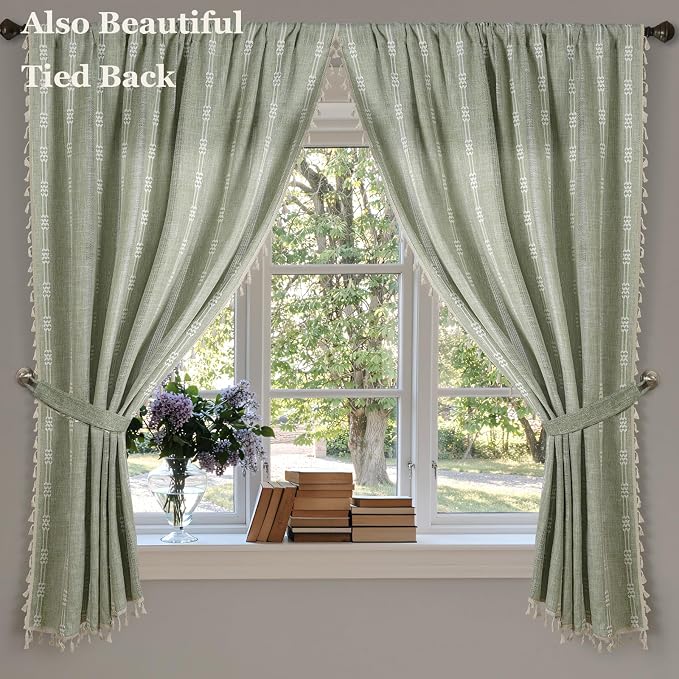 ColorBird Sage Green Boho Curtains Linen-Textured for Living Room Light Filtering Farmhouse Whimsical Decor Drapes Embroidered Striped 63 Inch Length for Dining Room Bedroom Window Treatments