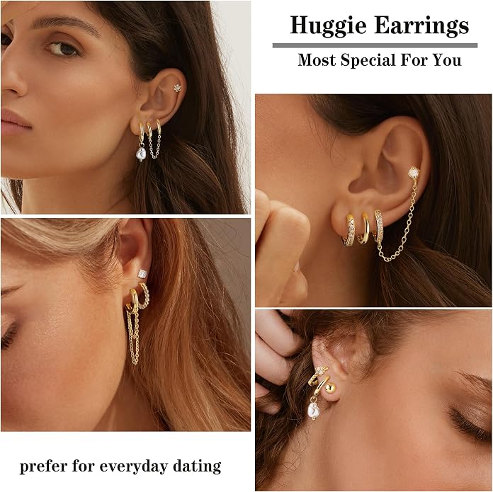 Small 14K Gold Plated Huggie Hoop Earrings for Women Lightweight Double Piercing Chain Earrings Dainty Stud Earrings Hypoallergenic 14K Gold Plated Hoop Earrings Set