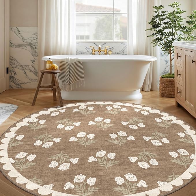 Tan Neutral Round Rug 5ft - Washable Floral Boho Farmhoues Scalloped Round Rugs for Bedroom Non Slip Stain Resistant 5x5 Circle Area Rug for Living Room Entryway Dining Room Nursery Carpet