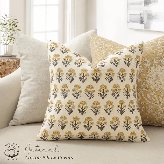 Farmhouse Floral Pillow Covers 18x18 Set of 2, Country Botanical Throw Pillow Cover for Sofa Couch Bed Living Room, Earthic Vintage Flower Cushion Covers Cottage Home Decor,Golden Mustard
