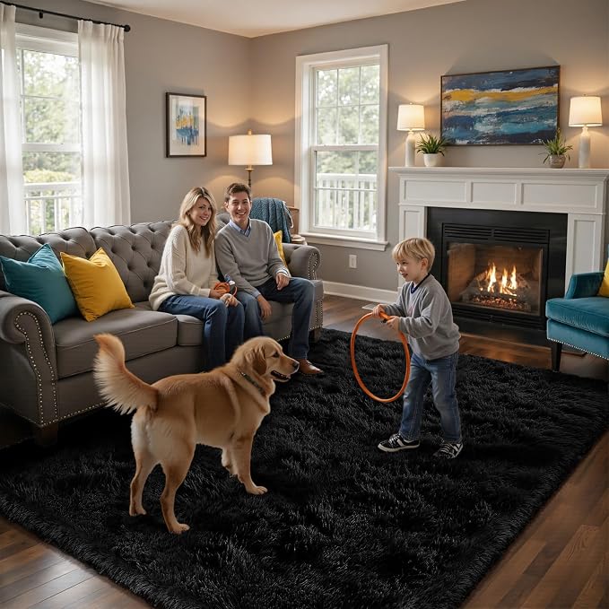 yongyangjuxin Fluffy Rug Shag Area Rug, Black 8x10 Area Rugs for Living Room, Large Shag Area Rugs for Bedroom Room Home Decor, Upgrade Anti-Skid Rectangular Fuzzy Rugs
