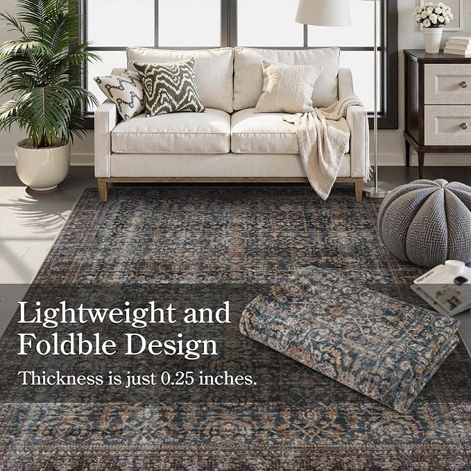 Collive Large Area Rug for Living Room 9x12, Washable Area Rug 9x12 Non Slip Vintage Antique Distressed Bedroom Carpet Ultra-Thin Low Pile Aesthetic Print Floor Rug for Dining Guest Office - Brick
