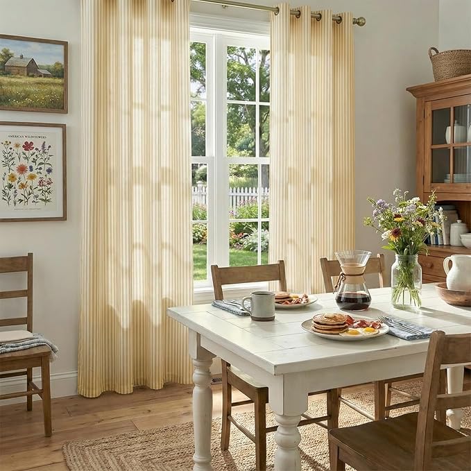 Vangao Linen Striped Curtains for Living Room Bedroom Farmhouse Tickingstripe Light Filtering Window Curtains Printed Drapes Grommet Top 2 Panels Mustard Yellow on Off White W50 x L96 Inch