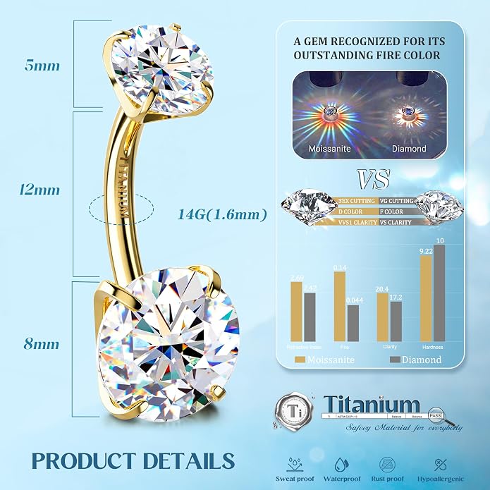 GEMQUEEN Moissanite ＆ G23 TItanium Belly Button Ring 18K Gold Plated Hypoallergenic Internally Threaded Belly Rings 14G Navel Piercing Jewelry For Women Men D Color VVS1 Clarity Brilliant Cut