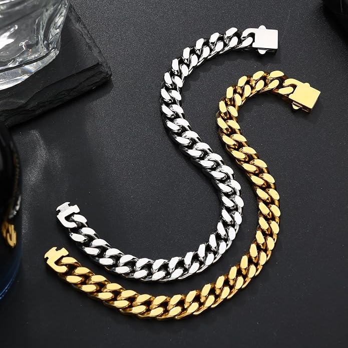 Stainless Steel Cuban Link Bracelet for Men - Gold/Silver Plated Miami Curb Chains Bracelet - Cuban Hand Chain Wrist Bracelet Hip Hop Jewelry, 9mm/11mm Width, 7.5"/8.3"/9"