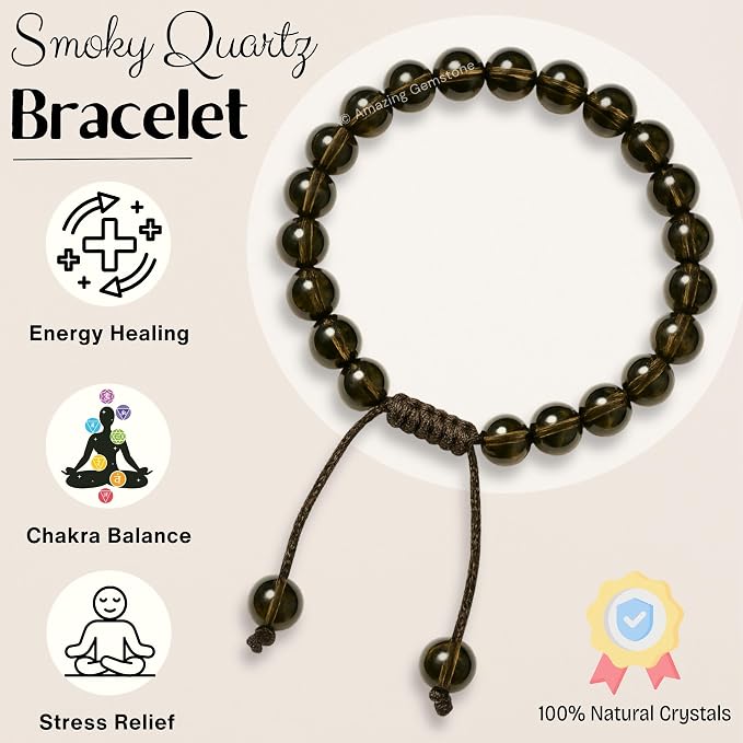 Amazing Gemstone Smoky Quartz Bracelet for Women Men's Gifts - Protection Healing Crystal Bracelet - 8mm Gemstone Beaded Adjustable Bracelet