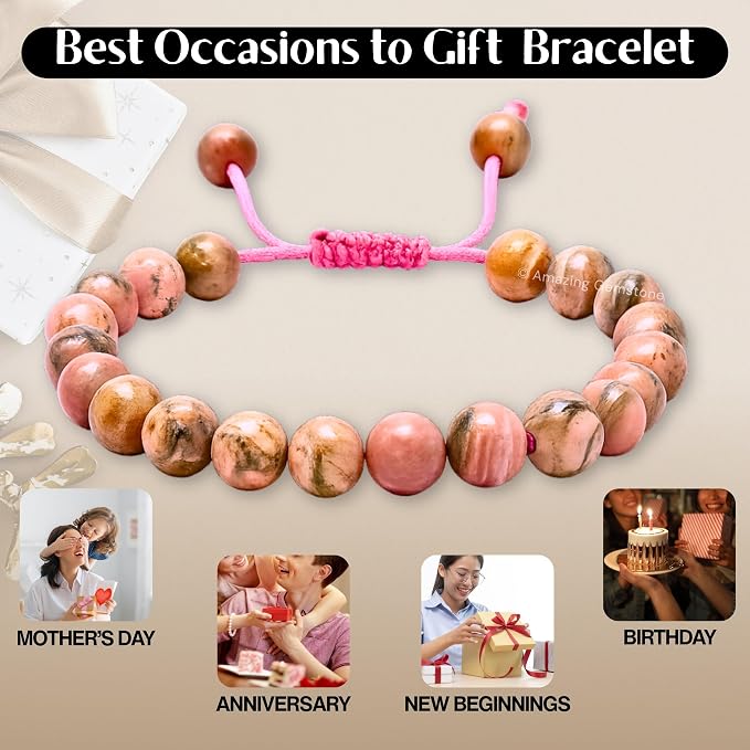Amazing Gemstone Rhodochrosite Bracelet, Gifts for Men & Women - Protection Healing Crystal Bracelet - 8mm Gemstone Beaded Adjustable Bracelet, Pulseras para Hombres Mujer Stocking Stuffers