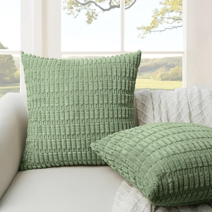 Softalker Sage Green Throw Pillow Covers Set of 2, Solid Color Corduroy Soft Plush Decorative Square Cushion Covers for Couch Sofa, Summer Rustic Farmhouse Boho Home Decor, 16 x 16 Inch