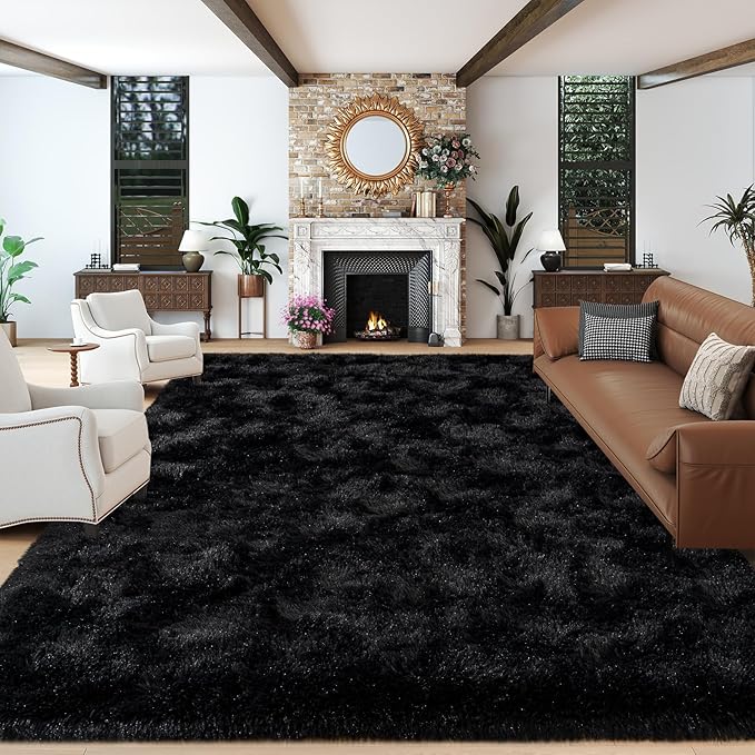 Dssimo Extra Large 9x12 Black Area Rug for Living Room, Soft Shaggy Rugs | Plush Fluffy Upgrade Non-Slip Black Carpet for Classroom Nursery Kids Room Dorm Room Mordern Home Decor, Indoor Floor Carpet