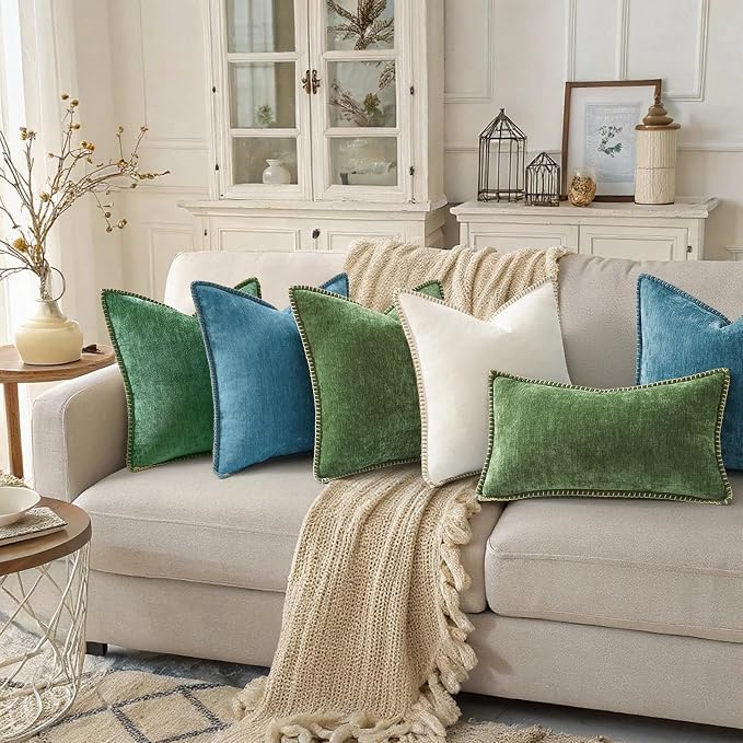 decorUhome Soft Chenille Throw Pillow Covers 20x20 Set of 2 Teal | Fall Textured Decorative Throw Pillow Cases Stitched Edge Modern Farmhouse Luxury Boho Velvet for Couch Sofa Bed Home Decor