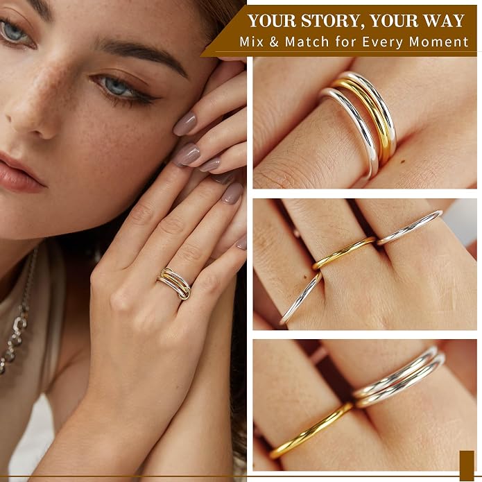 14K Gold filled Detachabie Stackable Rings for Women,Separated Non Tarnish Gold and Silver Rings,Statement Ring Set,Openable sleek Bands Stacking Ring Fashion Jewelry Gift