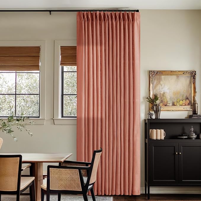 Extra Long Terracotta Pleated Linen Curtains 120 Inches Long Firebrick | Light Filtering Semi Sheer, Back Tab Pinch Pleat, for Tall Ceiling Living Room, Autumn Fall Decor Red Clay Farmhouse Rustic