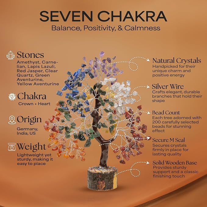 Seven Chakra Natural Stone Money Tree | Tree of Life | Energy Healing Stones | Feng Shui Bonsai | Reiki Crystal Healing | Good Luck | Chakra Tree | Spiritual | Crystal Gifts | Office Home Decor