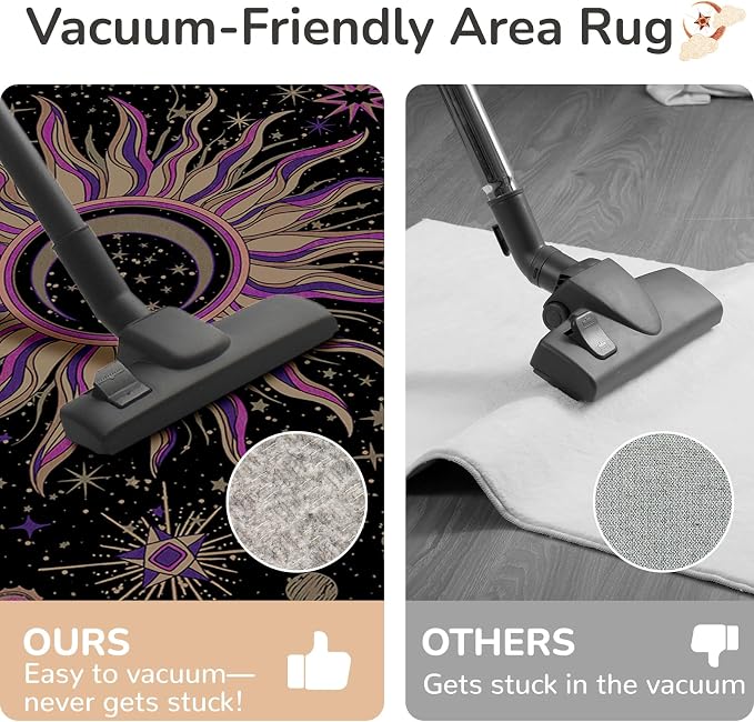 Vacuum-Friendly, 8x10 Washable Area Rug, Black Purple Beige | Sun and Moon Boho Gothic Non-Slip Low Pile Living Roon Bedroom Dining Room Kitchen Entry Entryway Entrance Hallway Doormat