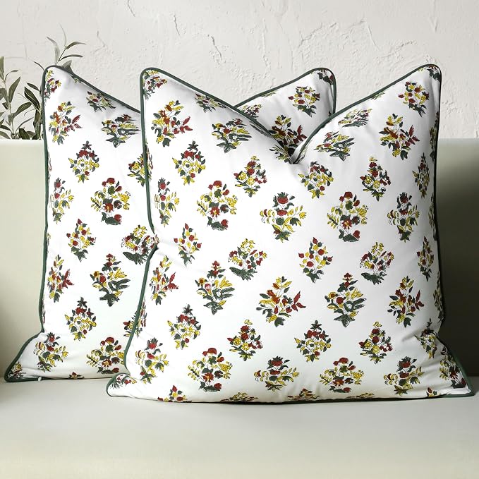 CPC 100% Cotton Throw Pillow Covers 18x18 Inch, Set of 2 Green Block Print Pattern Couch Pillow, Cute Boho Decorative Pillows for Living Room, Bedroom with Hidden Zipper- Fall Green