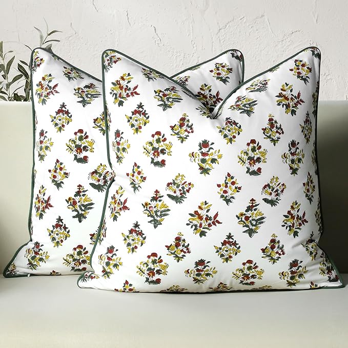 CPC 100% Cotton Throw Pillow Covers 20x20 Inch, Set of 2 Green Block Print Pattern Couch Pillow, Cute Boho Decorative Pillows for Living Room, Bedroom with Hidden Zipper- Fall Green