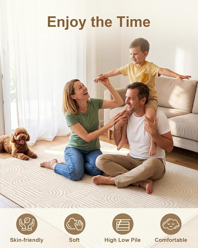 Carvapet 5x7 Area Rug - Beige Modern Geometric Maze 3D High Low Pile Texture Floor Carpet, Washable Soft Plush Velvet Rug with Skid-Resistant Backing for Living Room Bedroom