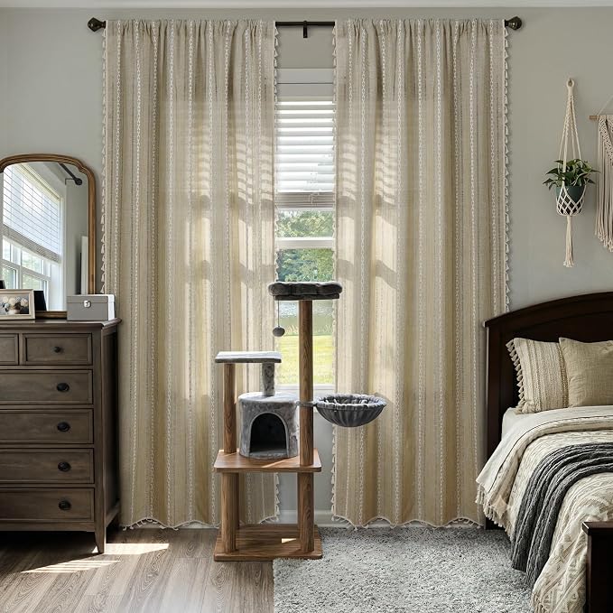 ColorBird Boho Curtains Linen-Textured for Living Room Bedroom Light Filtering 84 Inches Natural Brown Farmhouse Curtains & Drapes Embroidered Striped for Dining Closet Dooraway Window Treatment