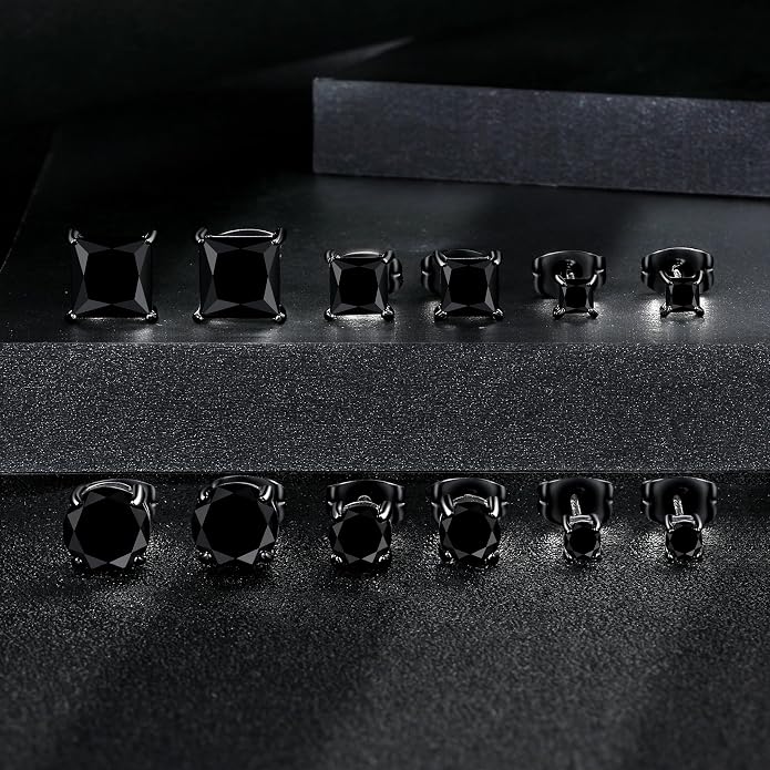 MDFUN 6 Pairs Stud Earrings Set 3mm/5mm/7mm Princess & Round Cubic Zirconia Earrings Hypoallergenic 316L Surgical Stainless Steel CZ Earrings for Women Men