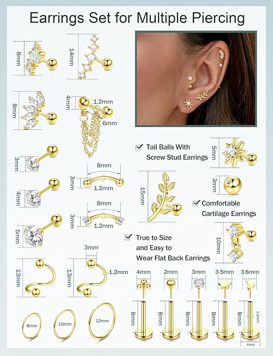 ORAZIO 16 Gauge Cartilage Earrings for Women-Hypoallergenic Surgical Stainless Steel Tragus Earring Set Threadless Flat Back Earrings Push in Nose Studs Daith Conch Tragus Helix Piercing Jewelry