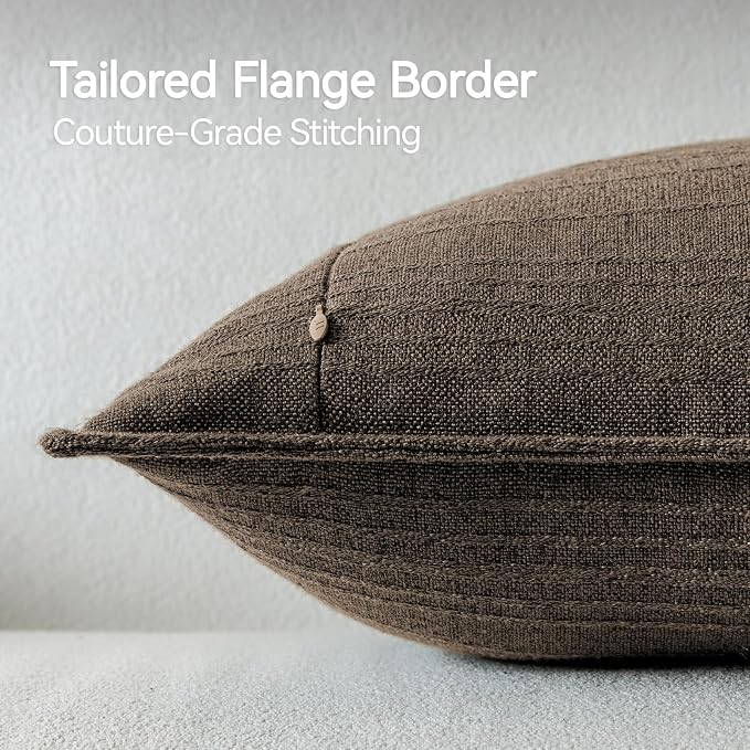 a moment Linen Pillow Covers Set of 2,Boho Farmhouse Throw Pillowcases Neutral Textured Decorative Covers for Couch Sofa,Soft Linen Blend Accent Case Cushion Home Decor 18"x18"Coco Brown