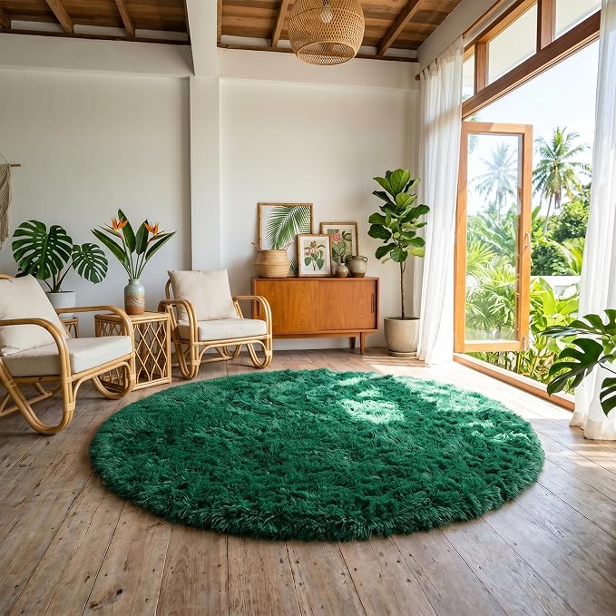 Amdrebio Dark Green Fluffy Round Rugs 5Ft for Bedroom, Thick Floor Circle Rug for Kids, Teens Room Decor, Furry Shag Area Rug for Living Room, Baby Nursery, Dorm, Fuzzy Plush Fur Emerald Green Carpet