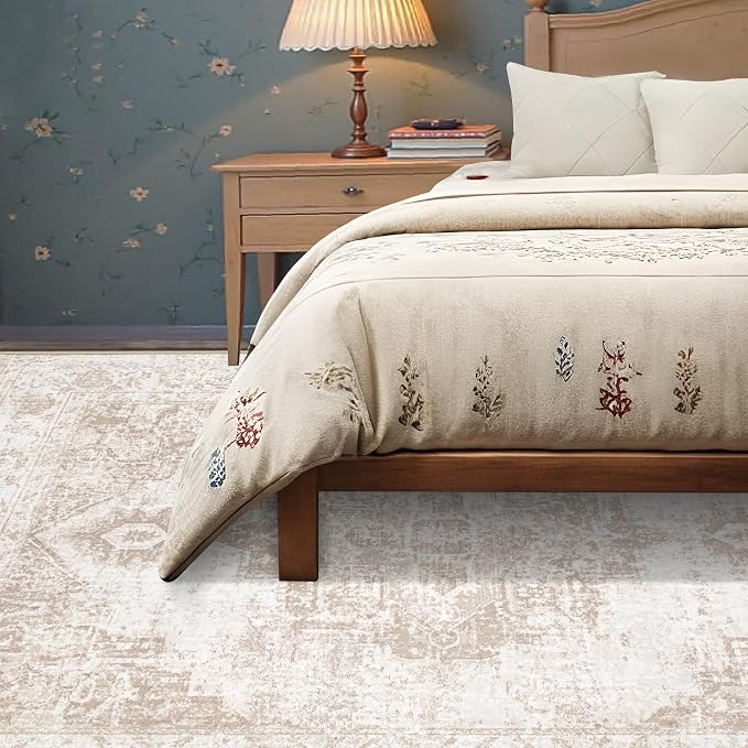 Area Rug 6x9 Vintage Rug: Washable Indoor Medallion Rugs Low Pile Distressed Floor Carpet Retro Accent Rug for Living Room Bedroom Kitchen Dining Table Home Office(Beige, 6'x9')