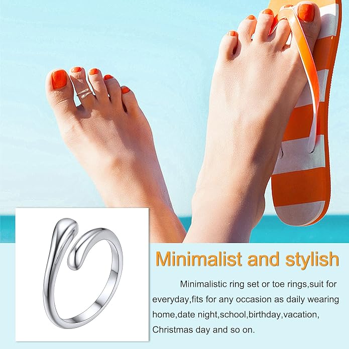 SILVERCUTE Toe Ring, Chic 925 Stamped Toe Ring, Band/Leaf Toe Ring, Sterling Silver Open Adjustable Toe Ring Set, Adjustable Pinky Rings