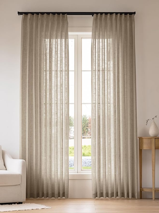 Liz Pinch Pleated Linen Curtains Light Filtering Curtains for Living Room, Farmhouse Window Curtains for Bedroom, Modern Drapes with Hooks and Rings, 108 Inches Long, Taupe Grey, 2 Panels Set