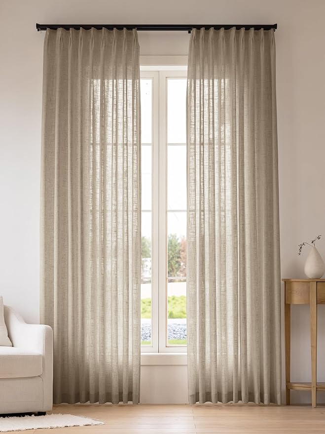 Liz Pinch Pleated Linen Curtains Light Filtering Curtains for Living Room, Farmhouse Window Curtains for Bedroom, Modern Drapes with Hooks and Rings, 95 Inches Long, Taupe Grey, 2 Panels Set