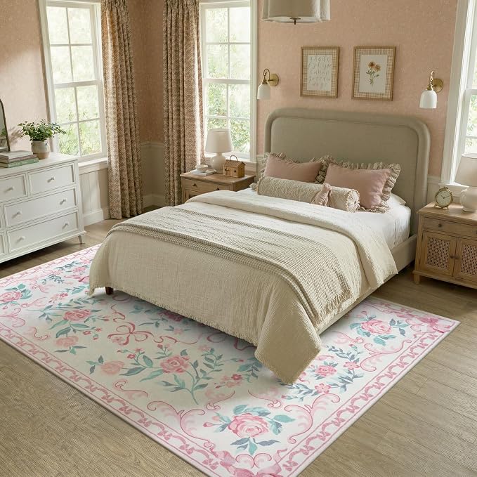 Collive Pink Floral Rugs for Bedroom Girls, 5x7 Bow Nursery Rug for Dorm Washable Area Rug for Living Room, Cute Ultra-Thin Non Slip Indoor Decor Carpet for Kids Room Playroom (Pink 5' x 7')