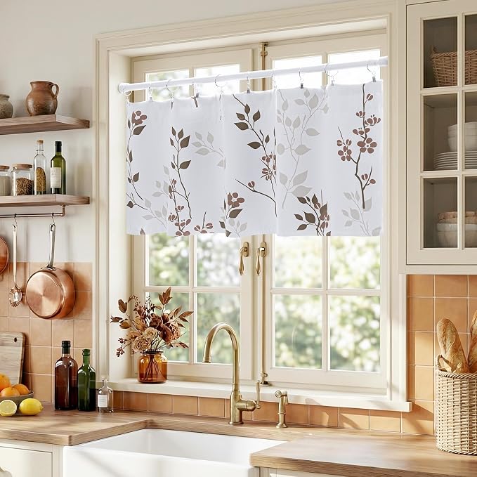 Beauoop Floral Valance Curtains for Kitchen Tan Brown 52X18 Inch 1 Panel | Flower Patterned Brown White Blackout Short Curtains for Living Room Bedroom Cafe Thermal Small Window Curtains Rod Pocket