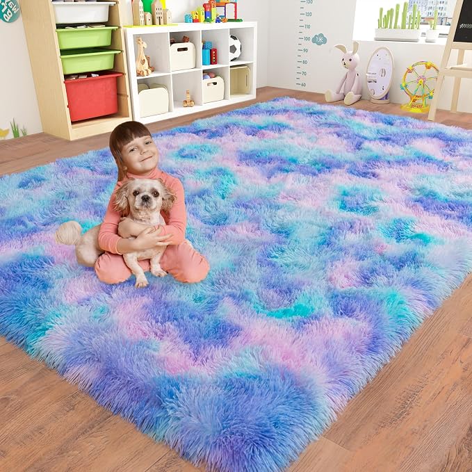 Dssimo Cute Furry Purple Rainbow Rugs for Bedroom Girls Room Decor | Upgrade Non-Slip Large 8x10 Area Rugs for Kid Room, Playroom Nursery Dorm Home Decor, Plush Mermaid Kawaii Rug Fluffy Carpet