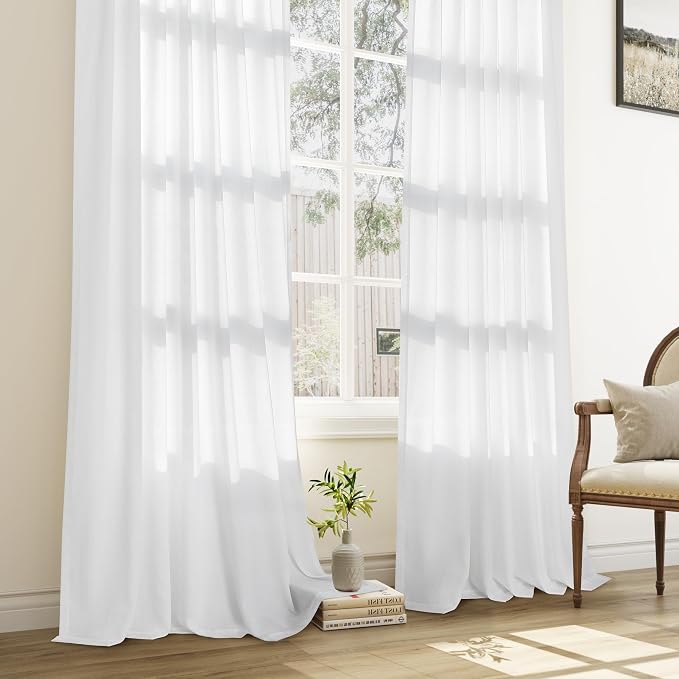 Soft White Pinch Pleat Linen Curtains 102 Inch Length 2 Panels Set for Bedroom Dining Room Semi Sheer Linen Boho Farmhouse Neutral Window Curtains 102 Inches Long for Living Room Nursery 50x102