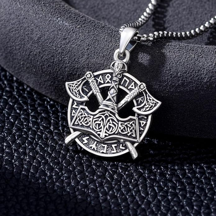 PROESS Viking Axe/Sword/Skull Necklace S925 Sterling Silver Thors Hammer Necklace Amulet Dagger Pendant Norse Viking Rune Jewelry Gifts for Men Women