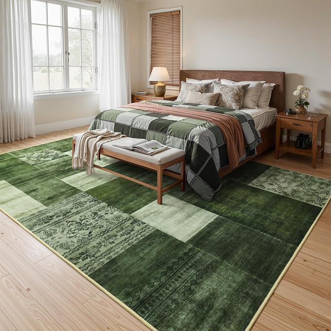 DweIke Washable Area Rugs 4x6 for Living Room, Modern Geometric Green Soft Patchwork Carpet, Non-Slip Stain Resistant Throw Rug for Bedroom Dining Room Office Home Decor